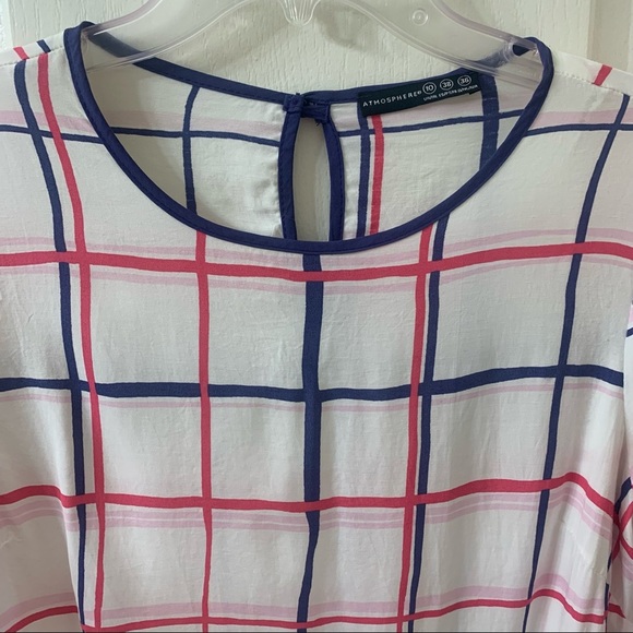Atmosphere Lightweight Blouse Top Popover Grid Print White Purple Women’s 6 - Picture 3 of 12